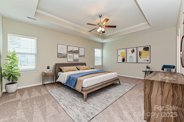 4425 Marlay Park, Indian Trail, NC 28079 - carpeted bedroom with crown molding, a tray ceiling, baseboards, and ceiling fan