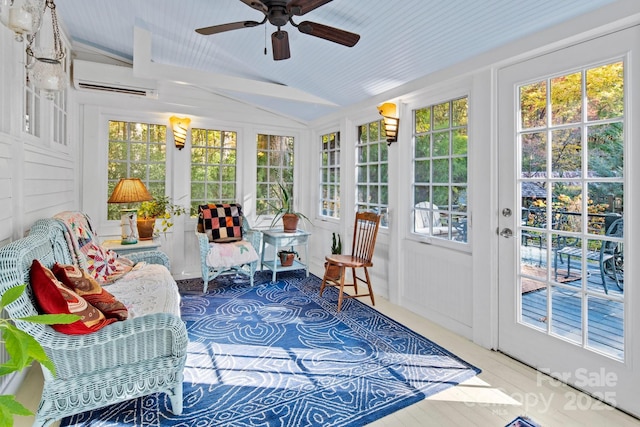 144 Miller Dr, Tryon, NC 28782 - sunroom / solarium featuring french doors, a wall mounted AC, lofted ceiling, and a decorative wall