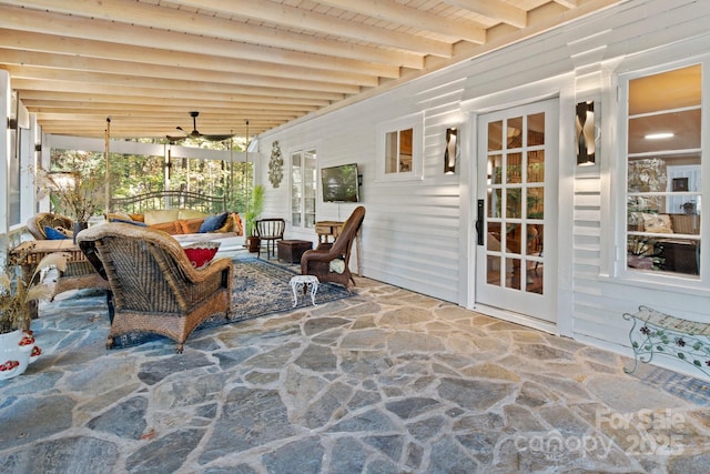 144 Miller Dr, Tryon, NC 28782 - sunroom / solarium with an outdoor living space, beamed ceiling, and ceiling fan