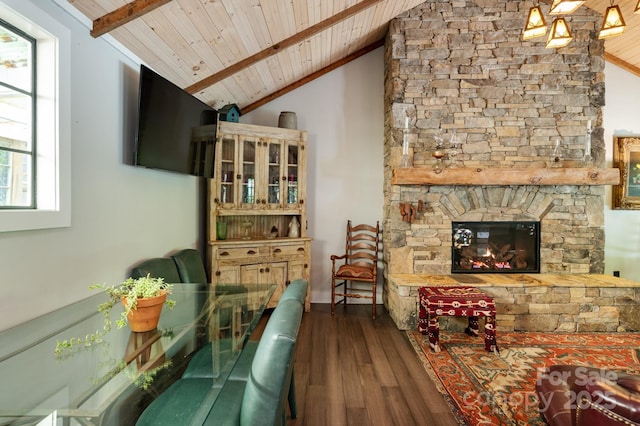 144 Miller Dr, Tryon, NC 28782 - interior space featuring a fireplace, wooden ceiling, vaulted ceiling with beams, and wood finished floors