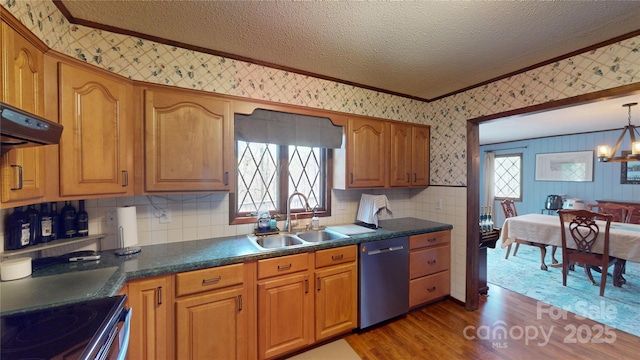 kitchen with a sink, a textured ceiling, wallpapered walls, stainless steel dishwasher, and electric range