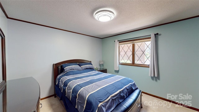 bedroom with baseboards, light colored carpet, ornamental molding, and a textured ceiling