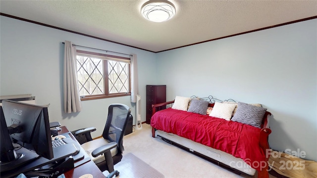 bedroom featuring a textured ceiling, ornamental molding, and carpet floors