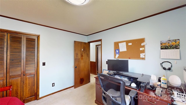office area featuring light carpet, baseboards, ornamental molding, and a textured ceiling