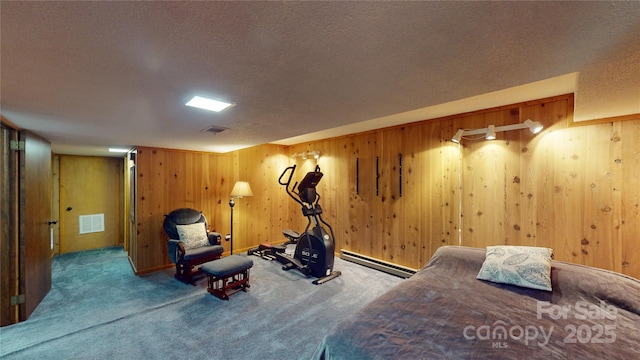 workout area with baseboard heating, a textured ceiling, and visible vents