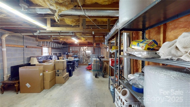 below grade area with concrete block wall