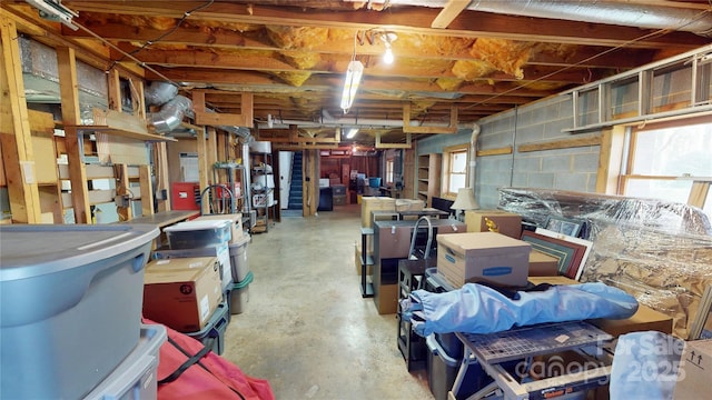 basement with concrete block wall and plenty of natural light