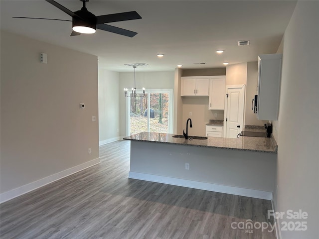 1218 Fall Day Cir SW, Lenoir, NC 28645 - kitchen with stove, a sink, stone counters, a peninsula, and ceiling fan with notable chandelier