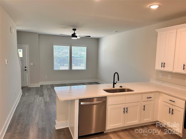 1218 Fall Day Cir SW, Lenoir, NC 28645 - kitchen featuring dishwasher, ceiling fan, a peninsula, light countertops, and dark wood finished floors