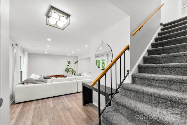 4522 Woods End Ln, Charlotte, NC 28277 - living room with wood finished floors, stairway, and recessed lighting