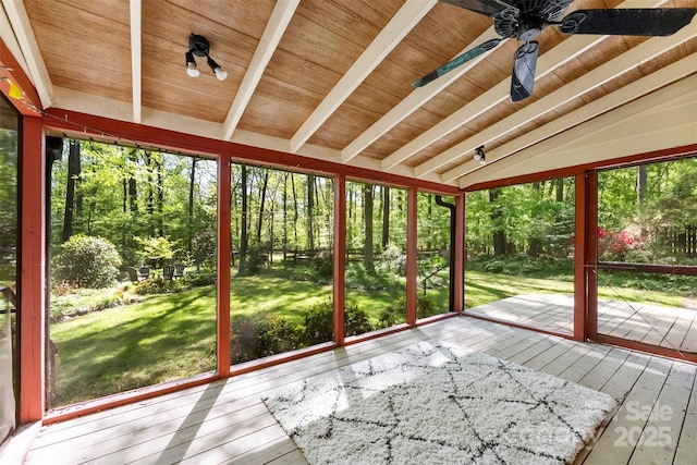 4522 Woods End Ln, Charlotte, NC 28277 - unfurnished sunroom featuring ceiling fan, a wooden deck, wooden ceiling, and hardwood / wood-style floors