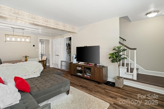 6354 Old Pineville Rd Unit F, Charlotte, NC 28217 - living room featuring baseboards, wood finished floors, and stairs