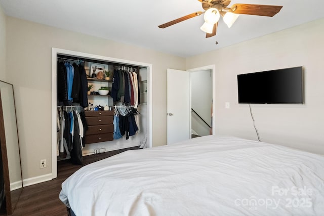 6354 Old Pineville Rd Unit F, Charlotte, NC 28217 - bedroom with ceiling fan, a closet, baseboards, and wood finished floors