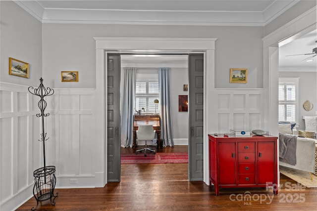 806 Sunnyside Ave, Charlotte, NC 28204 - hall with a decorative wall, wood finished floors, crown molding, an office area, and wainscoting