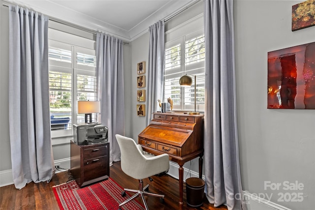 806 Sunnyside Ave, Charlotte, NC 28204 - office featuring dark wood-style flooring, baseboards, and ornamental molding