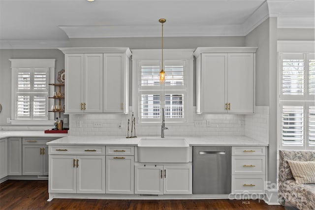 806 Sunnyside Ave, Charlotte, NC 28204 - kitchen with stainless steel dishwasher, a sink, ornamental molding, open shelves, and white cabinetry