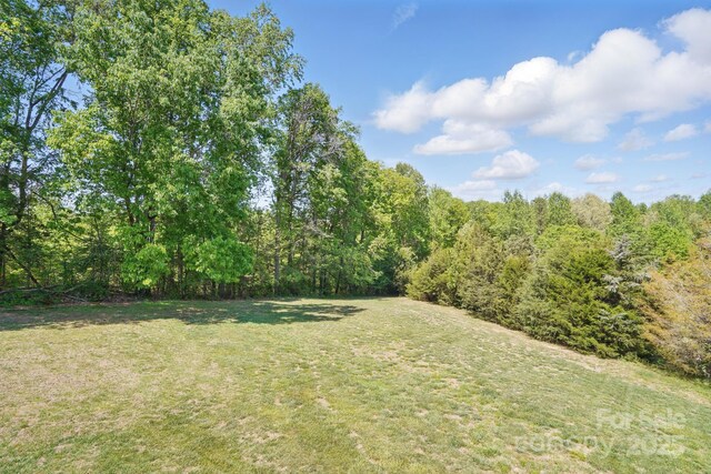 view of yard featuring a forest view