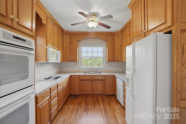 kitchen with light wood finished floors, light countertops, a sink, white appliances, and ceiling fan