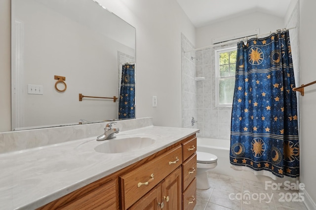 full bathroom featuring toilet, vaulted ceiling, shower / tub combo with curtain, tile patterned flooring, and vanity