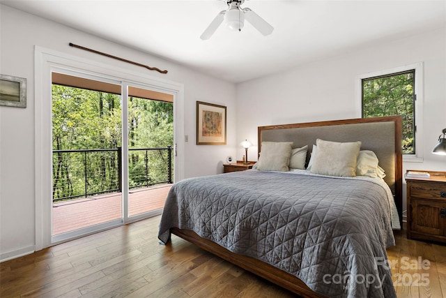 27 Stokes Dr, Asheville, NC 28805 - bedroom featuring access to exterior, wood finished floors, and ceiling fan