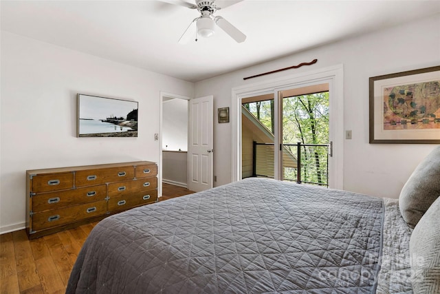 27 Stokes Dr, Asheville, NC 28805 - bedroom featuring access to outside, wood finished floors, baseboards, and a ceiling fan