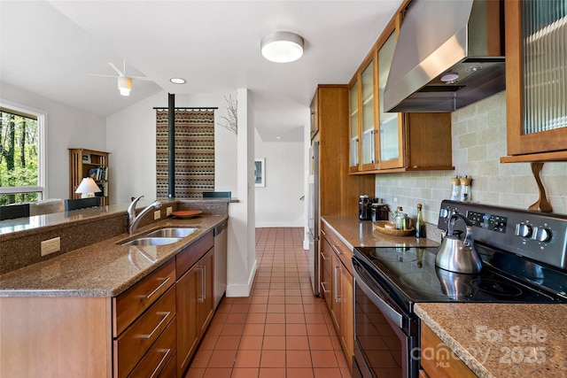 27 Stokes Dr, Asheville, NC 28805 - kitchen featuring stainless steel appliances, wall chimney range hood, a sink, brown cabinets, and vaulted ceiling