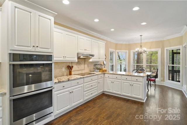 kitchen with a notable chandelier, double oven, a peninsula, under cabinet range hood, and plenty of natural light
