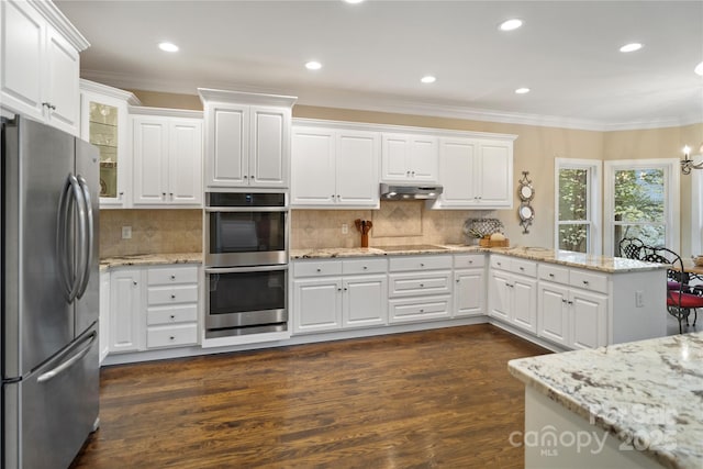 kitchen with crown molding, under cabinet range hood, appliances with stainless steel finishes, and a peninsula