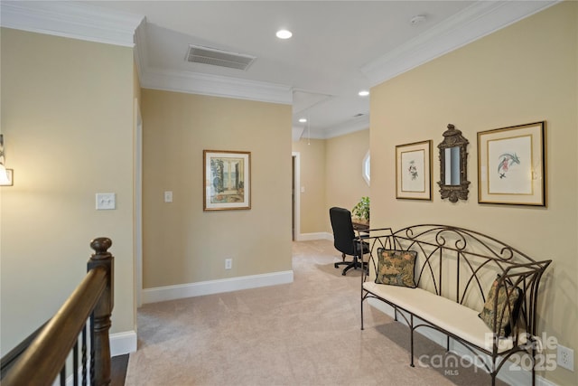 hall featuring ornamental molding, visible vents, recessed lighting, and carpet