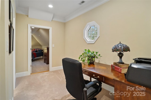 office area with crown molding, baseboards, light colored carpet, visible vents, and recessed lighting