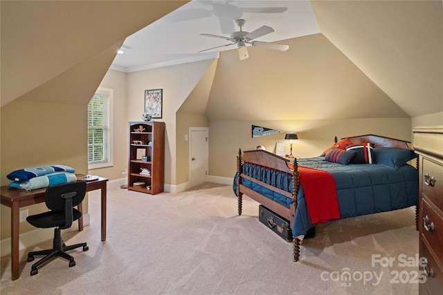 bedroom with carpet floors, baseboards, vaulted ceiling, and ceiling fan