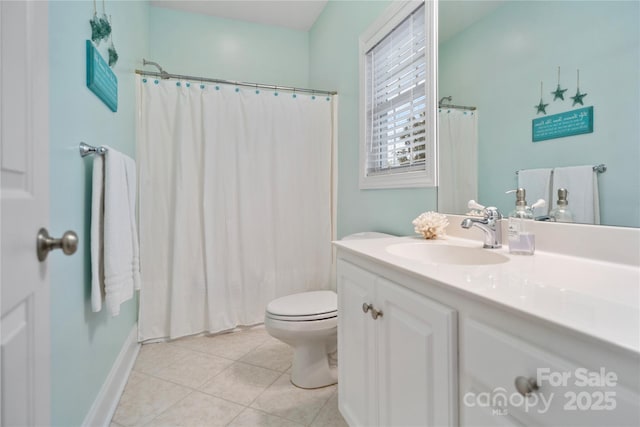 full bath featuring curtained shower, toilet, tile patterned floors, and vanity