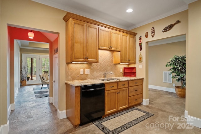 kitchen with crown molding, backsplash, a sink, black dishwasher, and visible vents