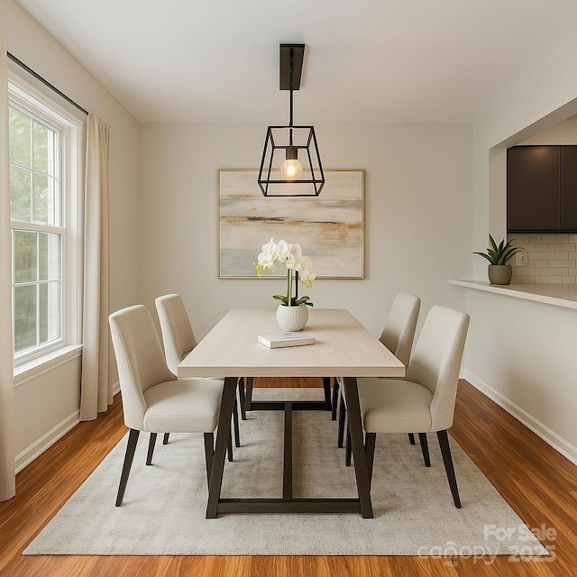dining room featuring baseboards, a notable chandelier, and wood finished floors