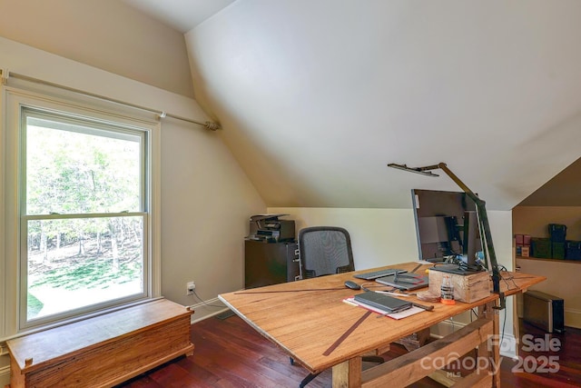 office space featuring baseboards, dark wood finished floors, and lofted ceiling