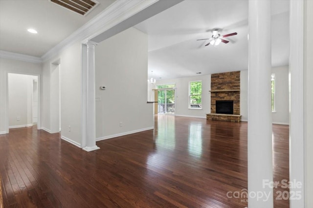 9506 Minnie Lemmond Ln Unit 170, Mint Hill, NC 28227 - unfurnished living room featuring wood finished floors, ceiling fan, baseboards, decorative columns, and a fireplace