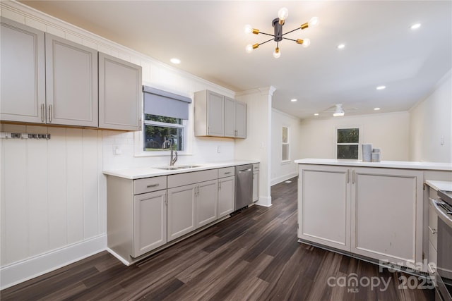 2741 Cowles Rd, Charlotte, NC 28208 - kitchen featuring an inviting chandelier, gray cabinets, dark wood-style flooring, stainless steel dishwasher, and a sink