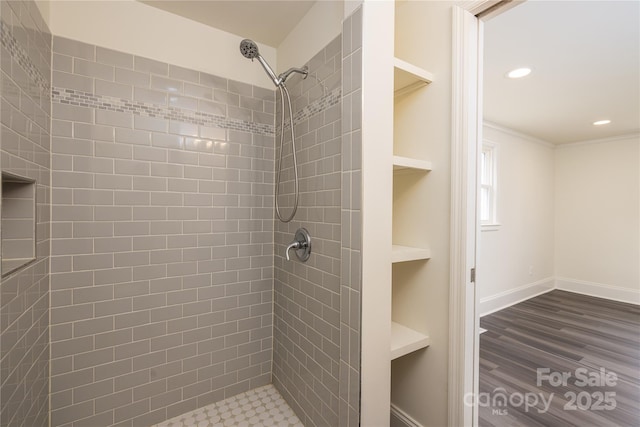 2741 Cowles Rd, Charlotte, NC 28208 - full bathroom featuring baseboards, wood finished floors, tiled shower, and recessed lighting