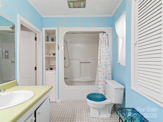 195 Nature Ln, Waynesville, NC 28786 - bathroom featuring shower / bath combo, crown molding, toilet, vanity, and tile patterned flooring