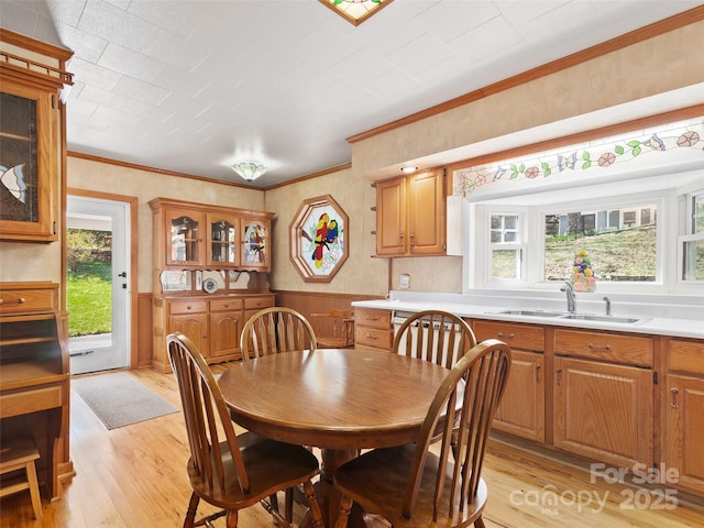 195 Nature Ln, Waynesville, NC 28786 - dining space featuring wainscoting, light wood-style flooring, and ornamental molding