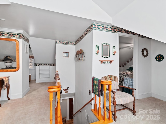 195 Nature Ln, Waynesville, NC 28786 - interior space featuring baseboards, carpet floors, lofted ceiling, and an upstairs landing