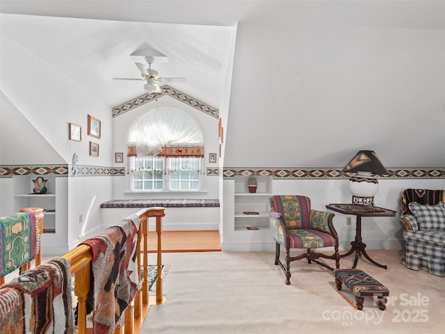 195 Nature Ln, Waynesville, NC 28786 - sitting room featuring carpet flooring, a ceiling fan, baseboards, and lofted ceiling