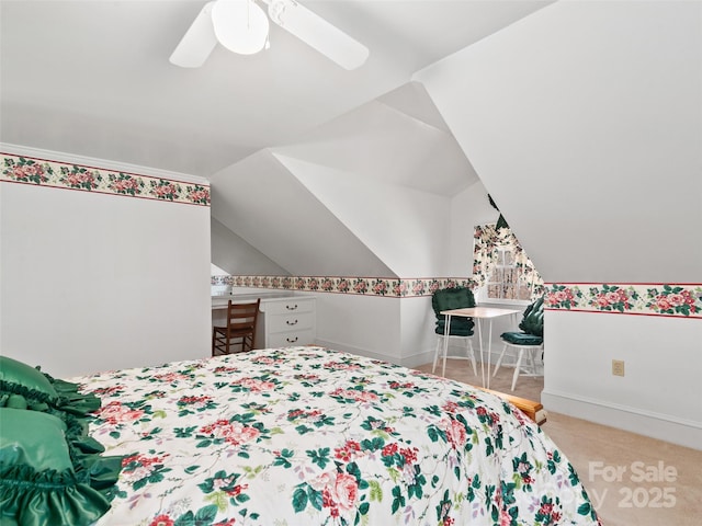 195 Nature Ln, Waynesville, NC 28786 - carpeted bedroom featuring baseboards, lofted ceiling, and ceiling fan