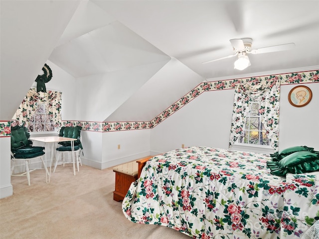 195 Nature Ln, Waynesville, NC 28786 - carpeted bedroom with baseboards, vaulted ceiling, and a ceiling fan