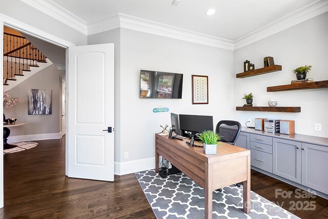 1311 Sunnys Halo Ln, Waxhaw, NC 28173 - office area featuring dark wood-type flooring, ornamental molding, and recessed lighting