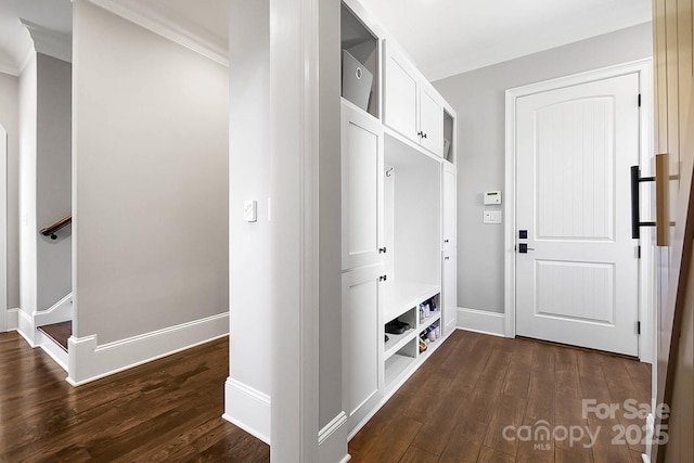 1311 Sunnys Halo Ln, Waxhaw, NC 28173 - mudroom with dark wood-type flooring and crown molding