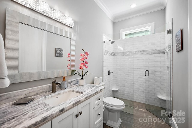 1311 Sunnys Halo Ln, Waxhaw, NC 28173 - bathroom with vanity, ornamental molding, and a shower stall