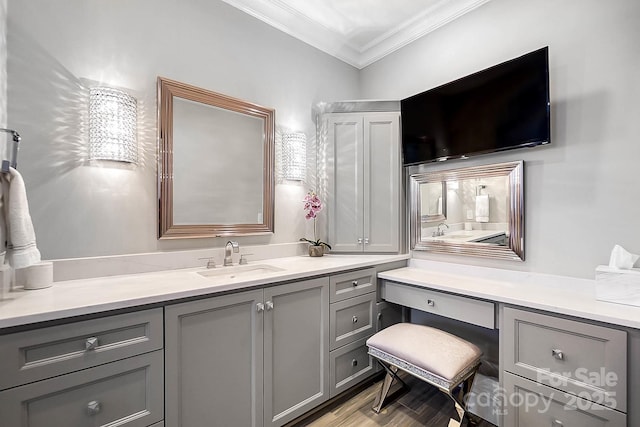 1311 Sunnys Halo Ln, Waxhaw, NC 28173 - bathroom featuring ornamental molding, vanity, and wood finished floors