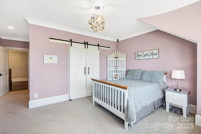 1311 Sunnys Halo Ln, Waxhaw, NC 28173 - carpeted bedroom with ornamental molding, a barn door, recessed lighting, and a chandelier