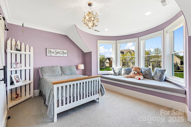 1311 Sunnys Halo Ln, Waxhaw, NC 28173 - bedroom featuring carpet flooring, a chandelier, recessed lighting, and ornamental molding